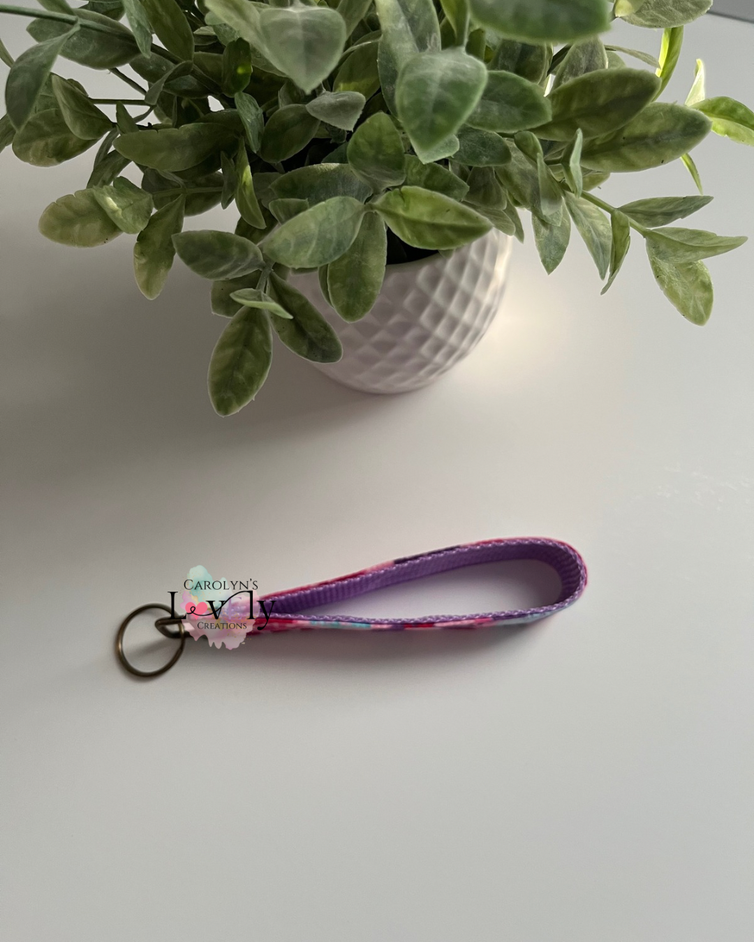 Pink Fabric Wristlet Keychain with Hearts | Handmade