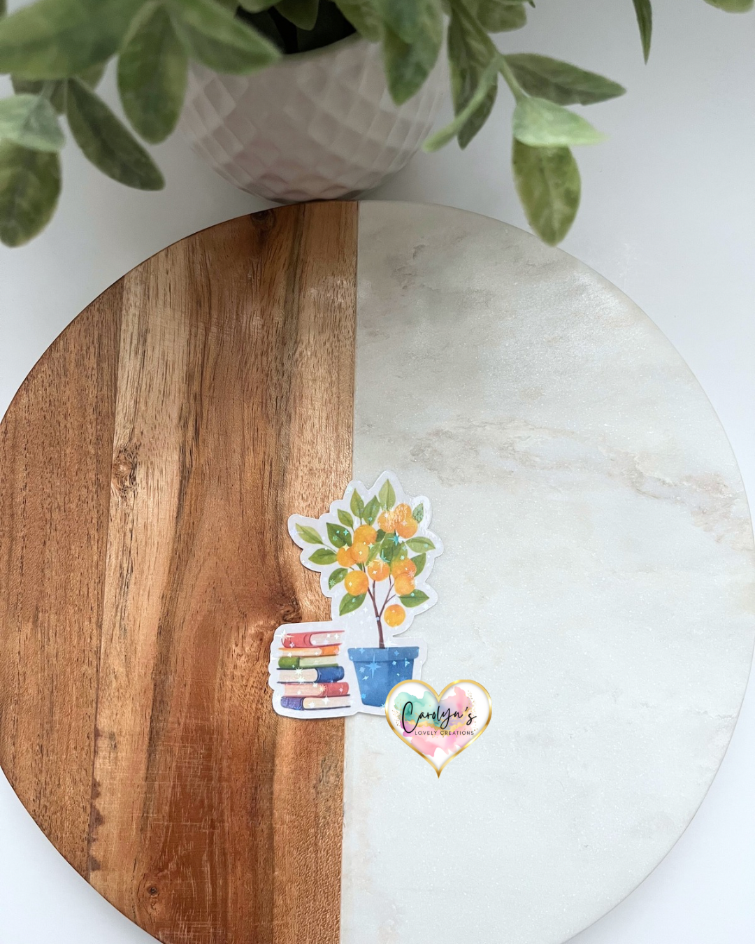 Holographic Sticker – Potted Citrus Tree & Books | Sticker Holográfico