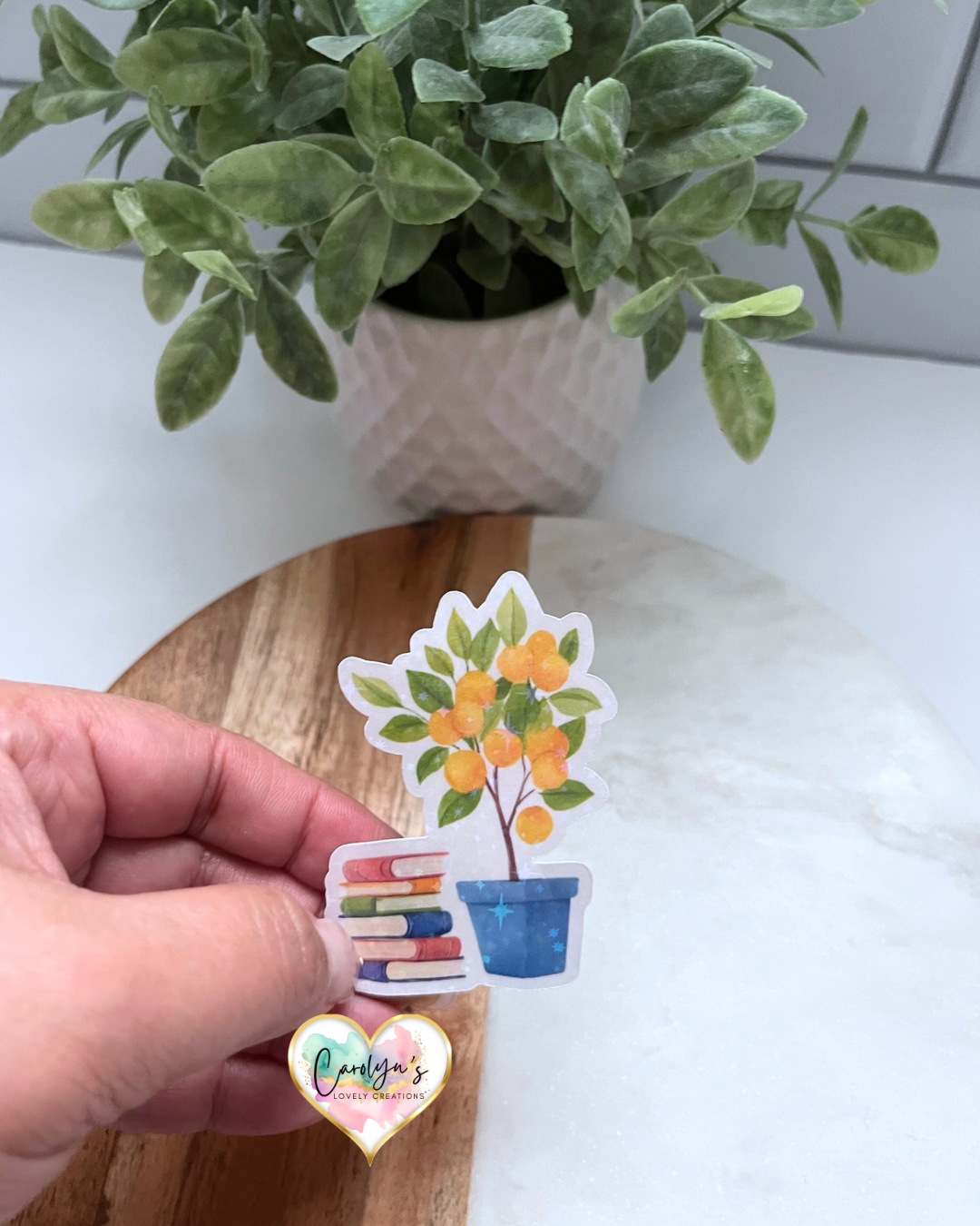 Holographic Sticker – Potted Citrus Tree & Books | Sticker Holográfico