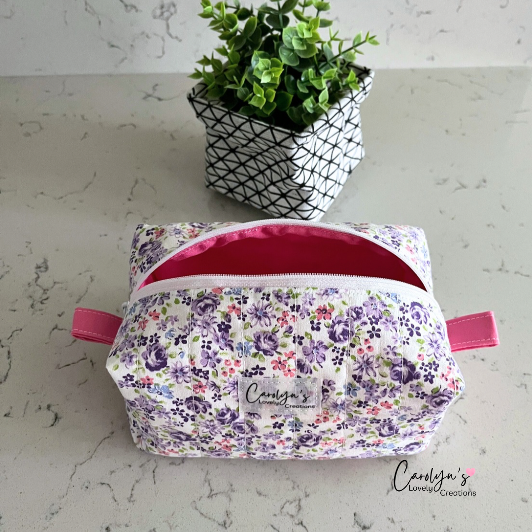 Purple Floral Cosmetic Box Bag | Handmade Makeup Bag