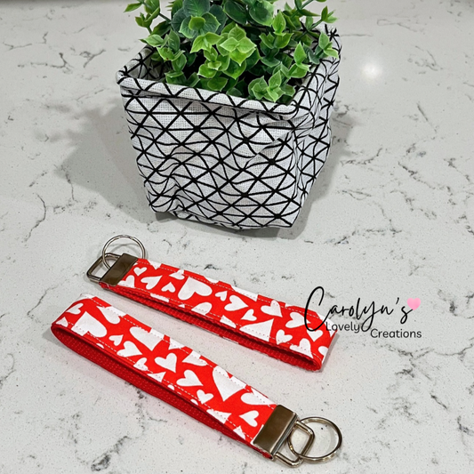 Red Fabric Wristlet Keychain with White Heart Print