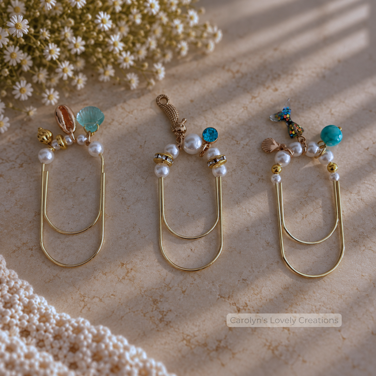 Clips Decorativos para Libros con Dijes Marinos y Perlas