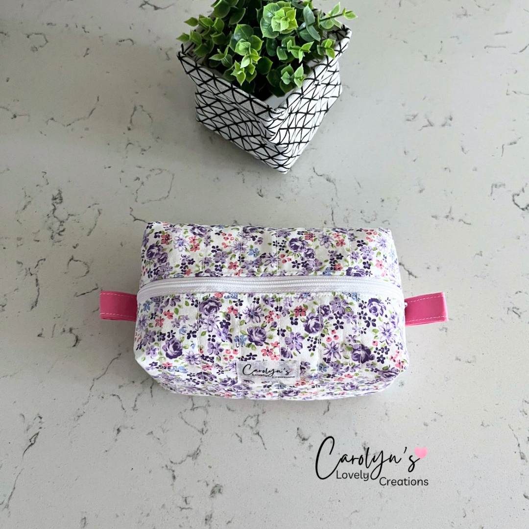 Purple Floral Cosmetic Box Bag | Handmade Makeup Bag