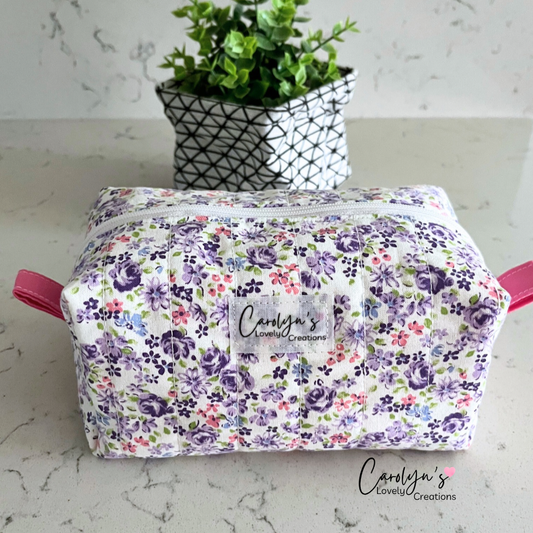 Purple Floral Cosmetic Box Bag | Handmade Makeup Bag