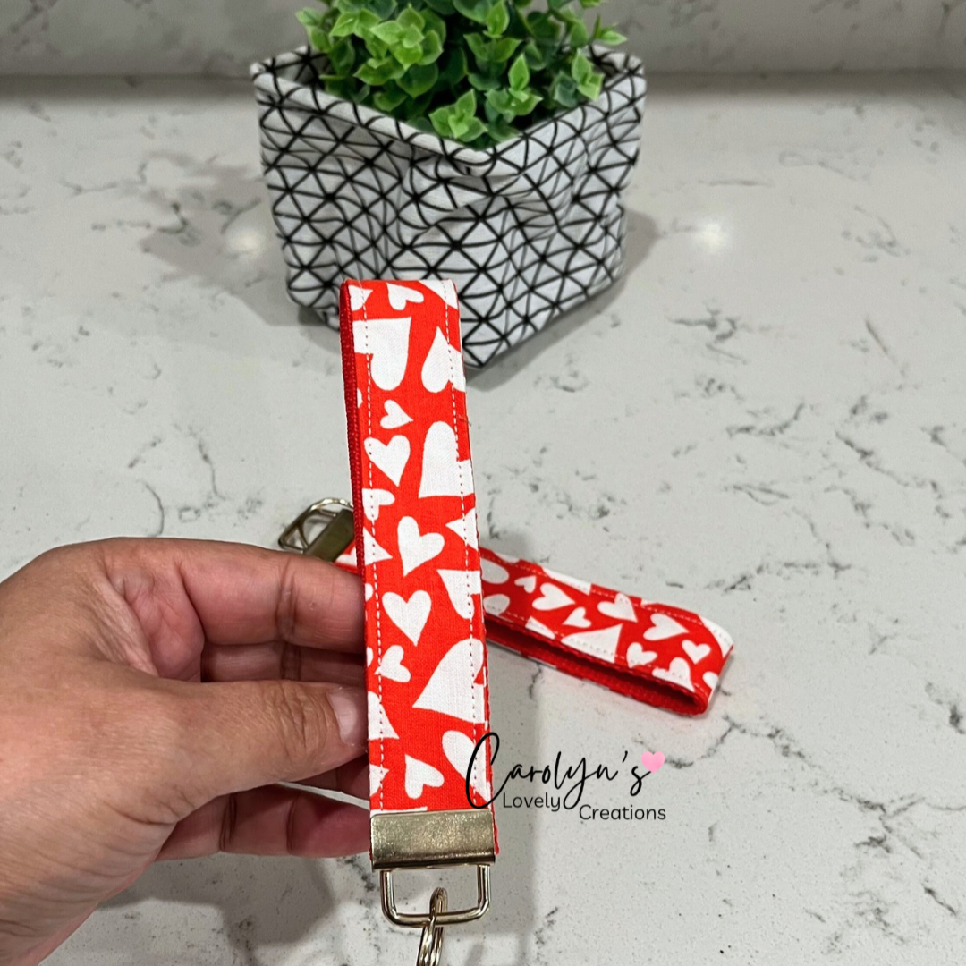 Red Fabric Wristlet Keychain with White Heart Print