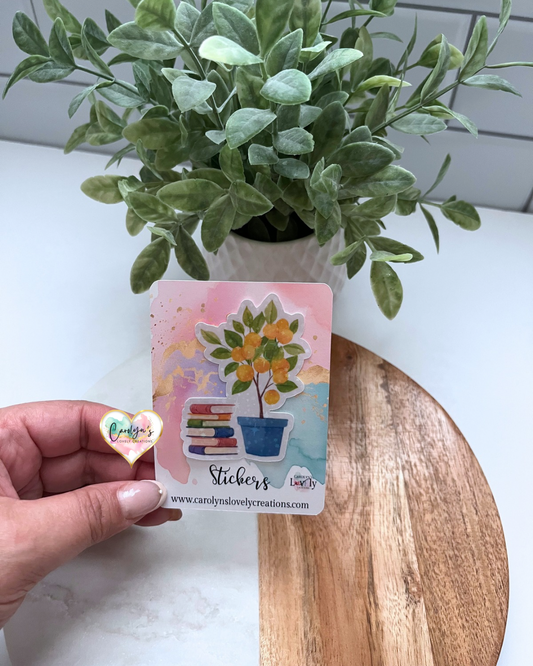 Holographic Sticker – Potted Citrus Tree & Books | Sticker Holográfico
