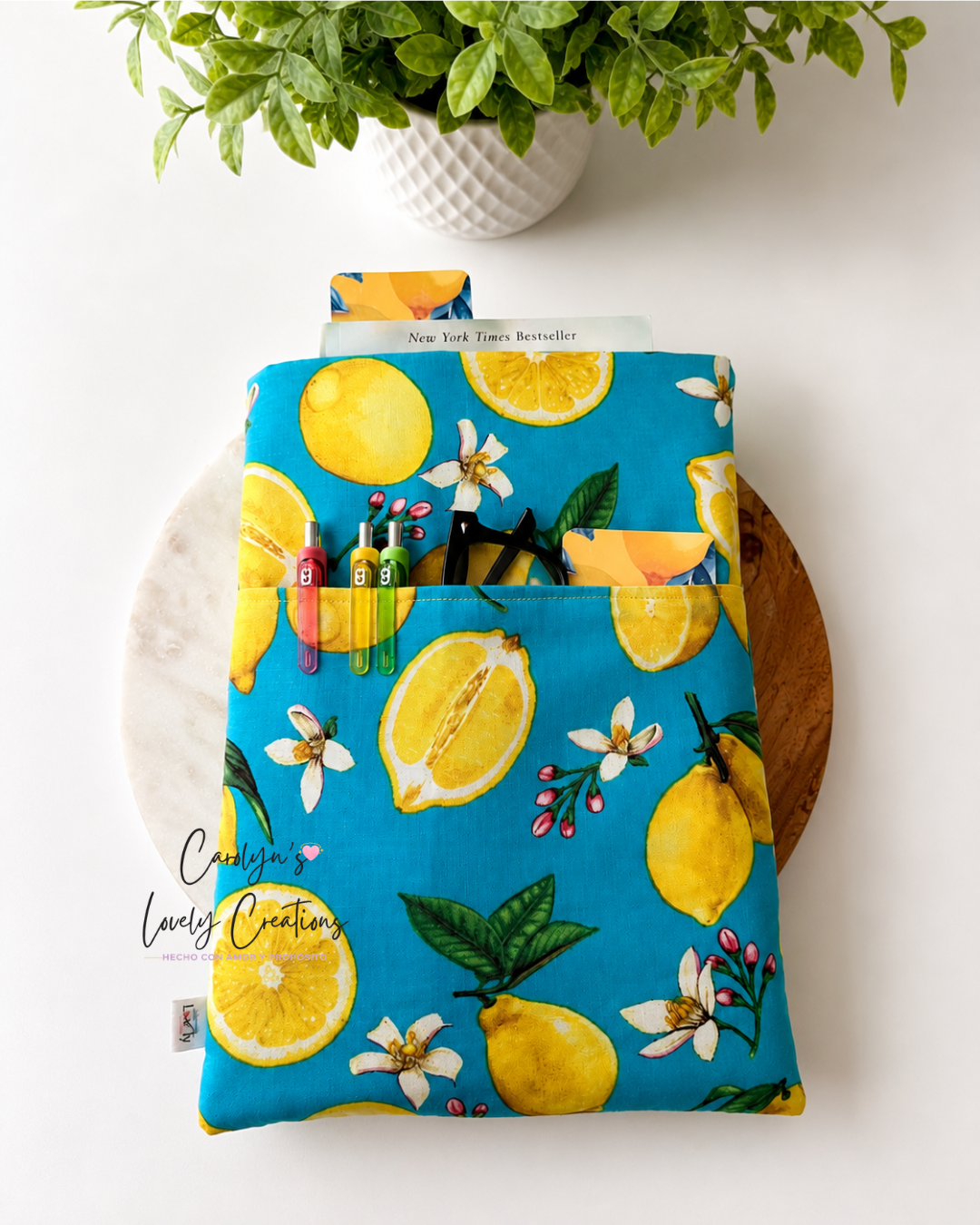 Lemon Book Sleeve | Handmade Padded Book Sleeve with Front Pocket 🍋
